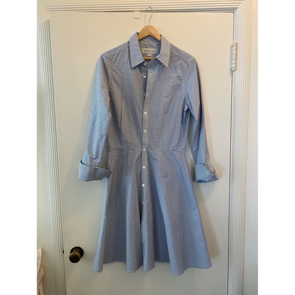 Serena & Lily Pin Striped Button Front Flared Shirt Dress